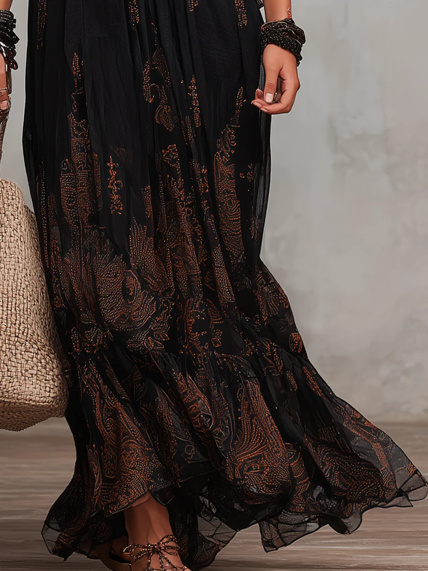 Elegant Black Paisley Maxi Dress for Women with V Neck Bell Sleeve Empire Waist Flowing Bohemian Style