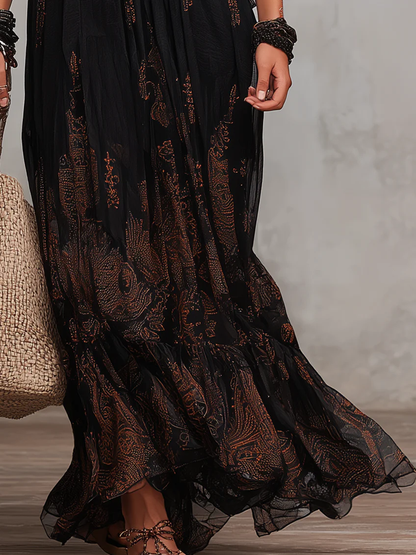 Elegant Black Paisley Maxi Dress for Women with V Neck Bell Sleeve Empire Waist Flowing Bohemian Style