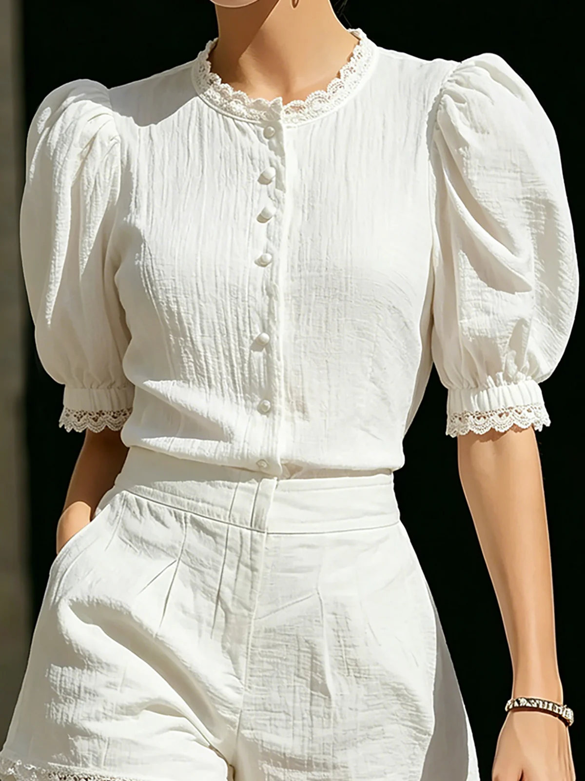 Elegant White Lace Trim Two Piece Set for Women with Round Neck Puff Sleeve Button Front Shorts Casual Style