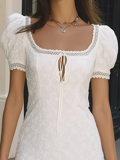 Elegant White Floral Jacquard Mini Dress for Women with Square Neck Puff Sleeve Lace Trim Bodycon Style