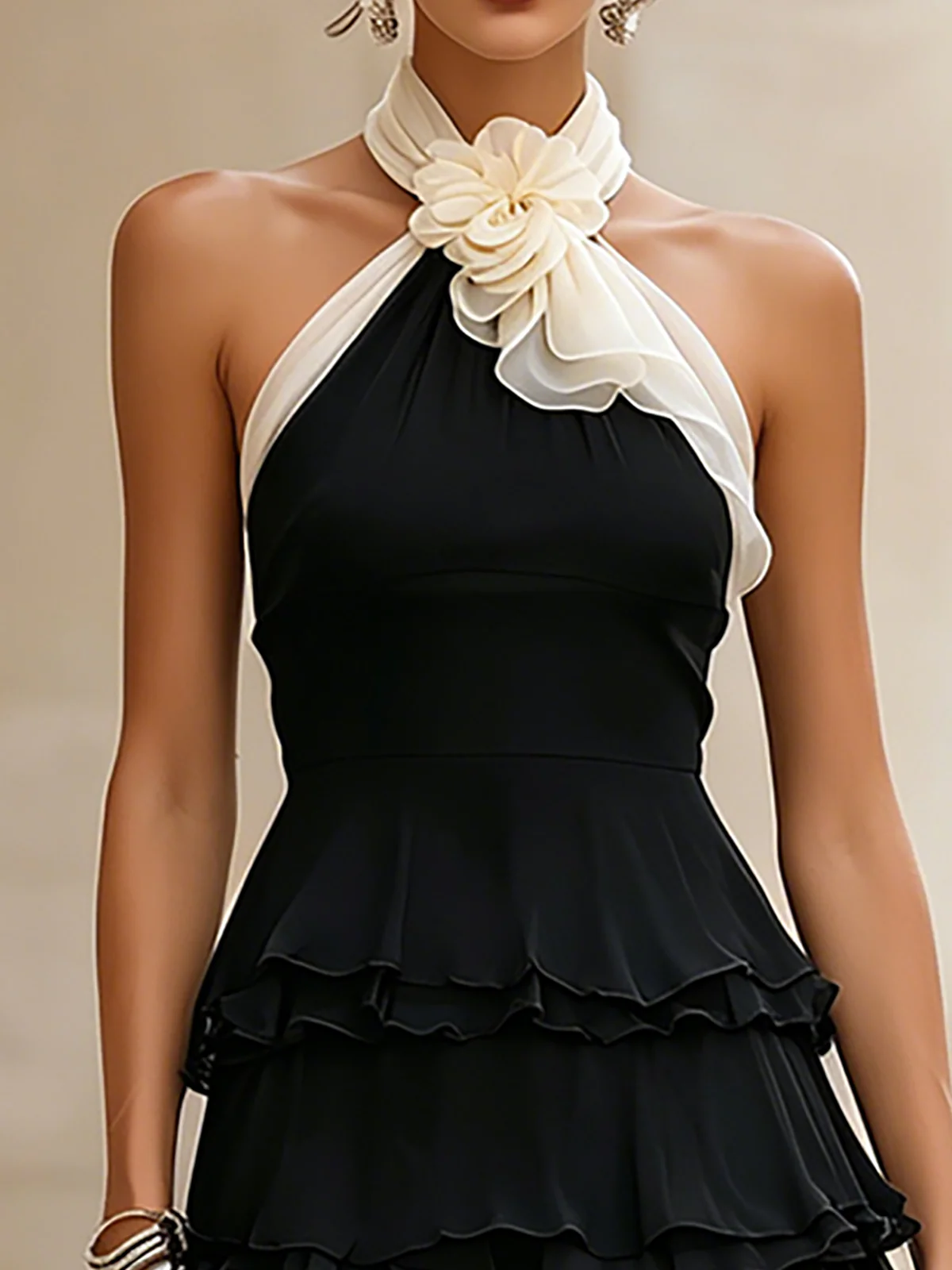 Elegant Black Mini Dress for Women with Halter Neck Floral Tiered Ruffle Cocktail Style