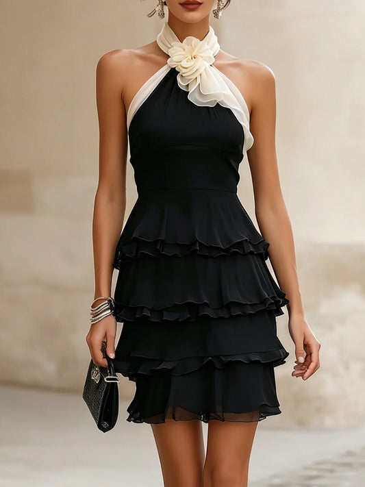 Elegant Black Mini Dress for Women with Halter Neck Floral Tiered Ruffle Cocktail Style