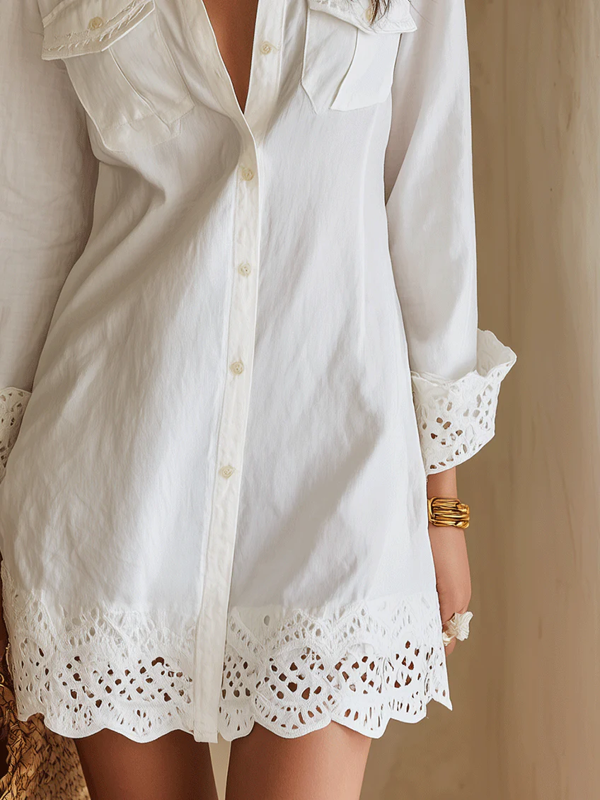 Effortless White Cotton Shirt Dress for Women with Collar Long Sleeve Eyelet Lace Trim Bohemian Style
