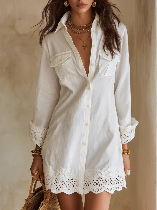 Effortless White Cotton Shirt Dress for Women with Collar Long Sleeve Eyelet Lace Trim Bohemian Style