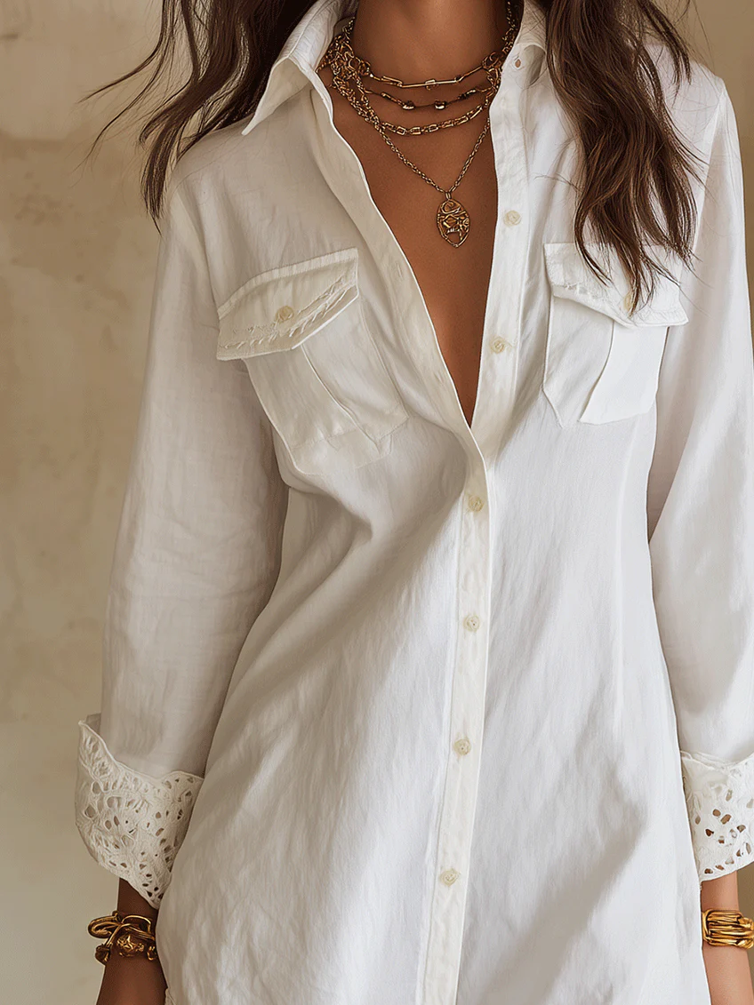 Effortless White Cotton Shirt Dress for Women with Collar Long Sleeve Eyelet Lace Trim Bohemian Style