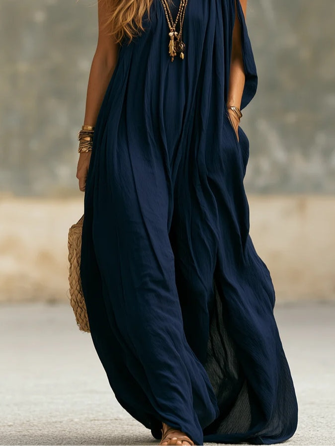 Elegant Navy Maxi Dress for Women with V Neck Sleeveless Draped Flowing Bohemian Style