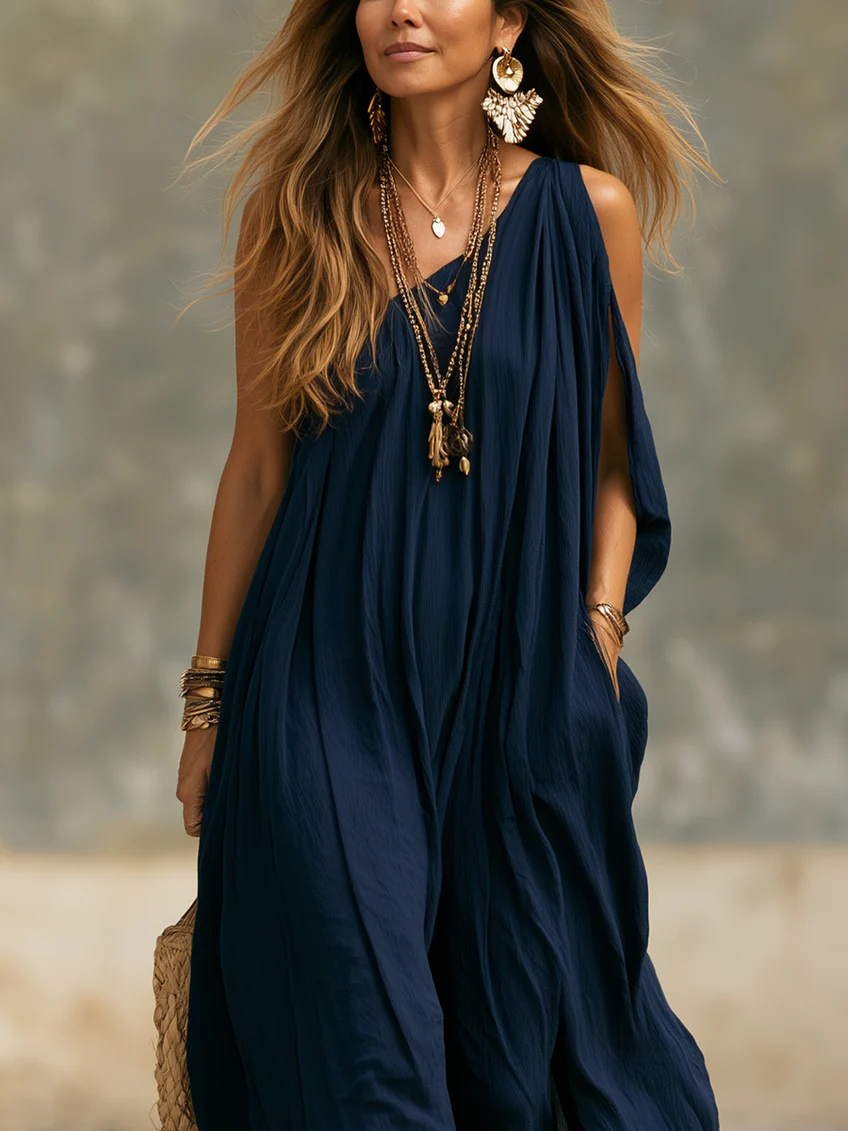 Elegant Navy Maxi Dress for Women with V Neck Sleeveless Draped Flowing Bohemian Style