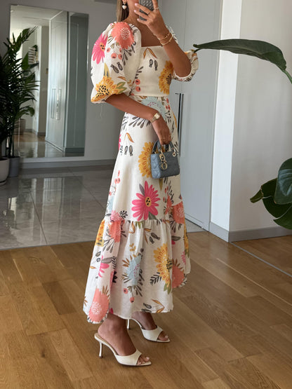 Effortless Multicolor Floral Maxi Dress for Women with Square Neck Puff Sleeve Tiered Ruffle Boho Style