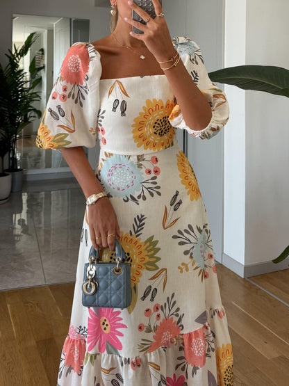 Effortless Multicolor Floral Maxi Dress for Women with Square Neck Puff Sleeve Tiered Ruffle Boho Style