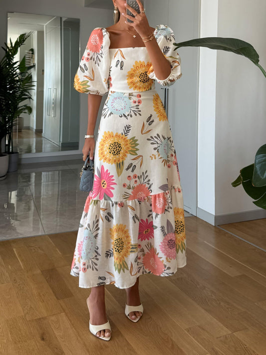 Effortless Multicolor Floral Maxi Dress for Women with Square Neck Puff Sleeve Tiered Ruffle Boho Style