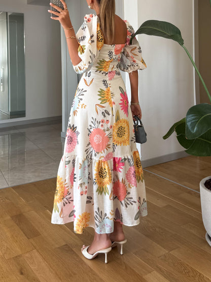 Effortless Multicolor Floral Maxi Dress for Women with Square Neck Puff Sleeve Tiered Ruffle Boho Style