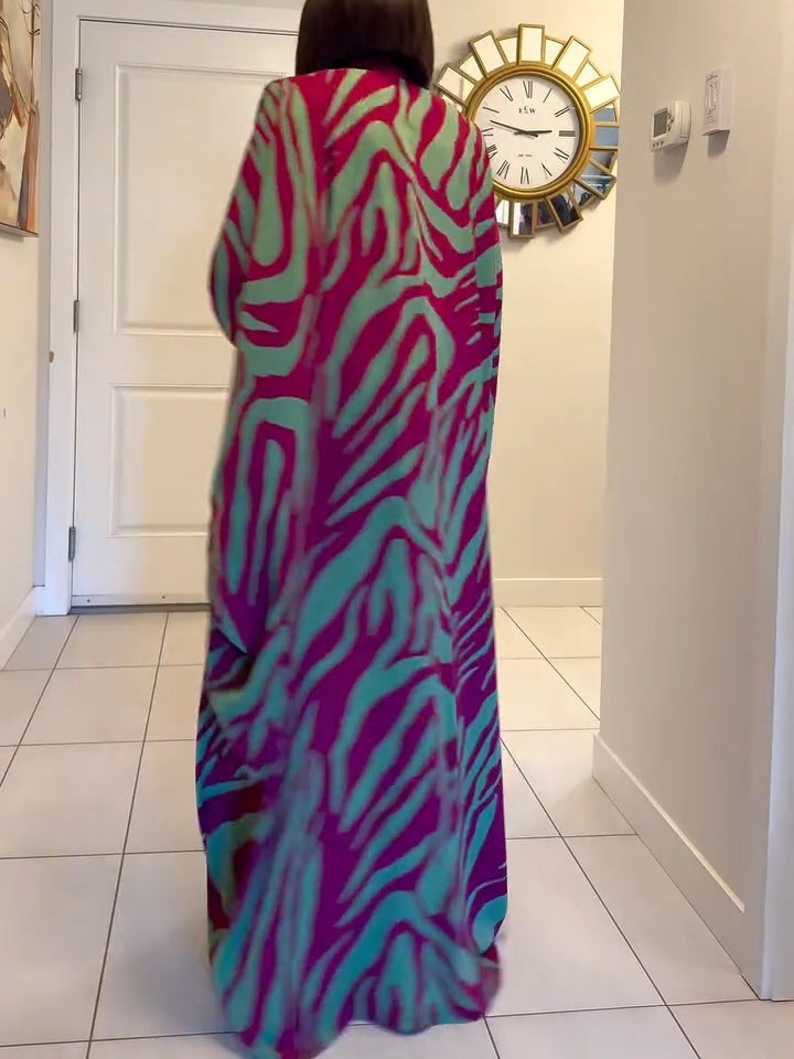 Elegant Purple Zebra Print Kaftan Maxi Dress for Women with V Neck Batwing Sleeve Flowing Kimono Style