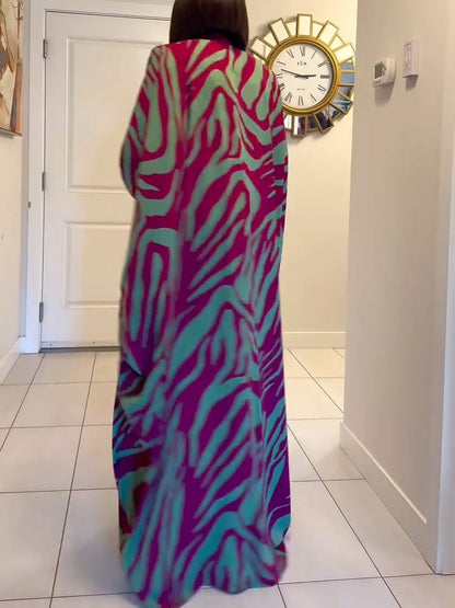 Elegant Purple Zebra Print Kaftan Maxi Dress for Women with V Neck Batwing Sleeve Flowing Kimono Style