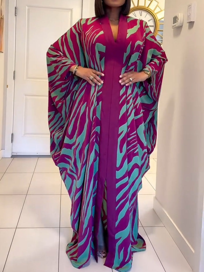 Elegant Purple Zebra Print Kaftan Maxi Dress for Women with V Neck Batwing Sleeve Flowing Kimono Style