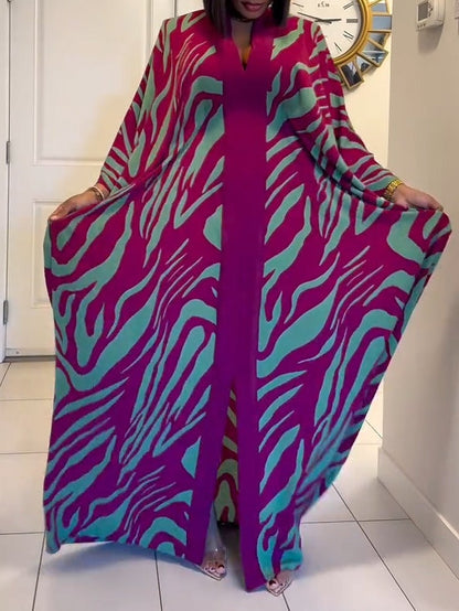 Elegant Purple Zebra Print Kaftan Maxi Dress for Women with V Neck Batwing Sleeve Flowing Kimono Style