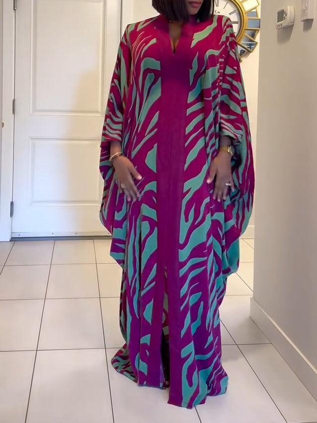 Elegant Purple Zebra Print Kaftan Maxi Dress for Women with V Neck Batwing Sleeve Flowing Kimono Style