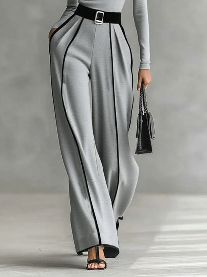 Elegant Contrast Piping Jumpsuit for Women with High Neck Long Sleeve Belted Wide Leg Formal Party Style