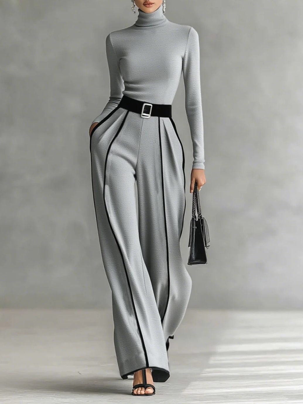 Elegant Contrast Piping Jumpsuit for Women with High Neck Long Sleeve Belted Wide Leg Formal Party Style