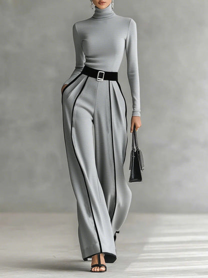Elegant Contrast Piping Jumpsuit for Women with High Neck Long Sleeve Belted Wide Leg Formal Party Style