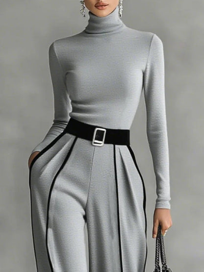 Elegant Contrast Piping Jumpsuit for Women with High Neck Long Sleeve Belted Wide Leg Formal Party Style