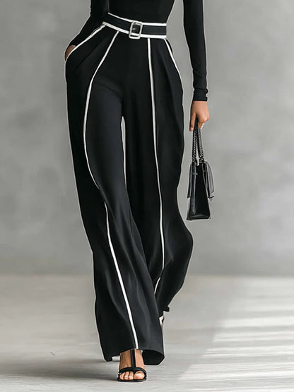 Elegant Contrast Piping Jumpsuit for Women with High Neck Long Sleeve Belted Wide Leg Formal Party Style