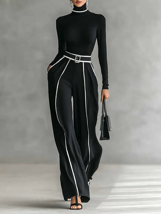 Elegant Contrast Piping Jumpsuit for Women with High Neck Long Sleeve Belted Wide Leg Formal Party Style