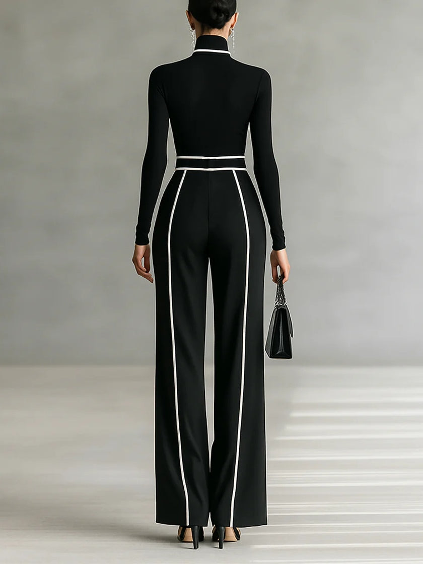 Elegant Contrast Piping Jumpsuit for Women with High Neck Long Sleeve Belted Wide Leg Formal Party Style