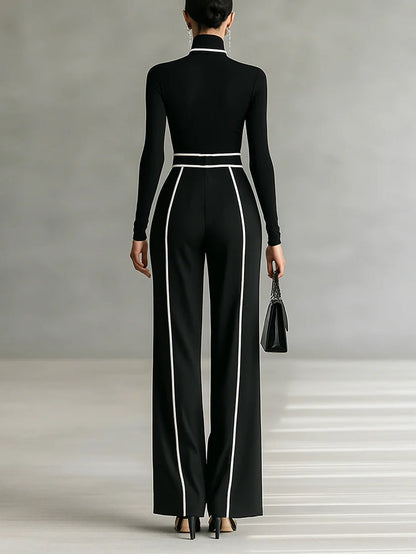 Elegant Contrast Piping Jumpsuit for Women with High Neck Long Sleeve Belted Wide Leg Formal Party Style