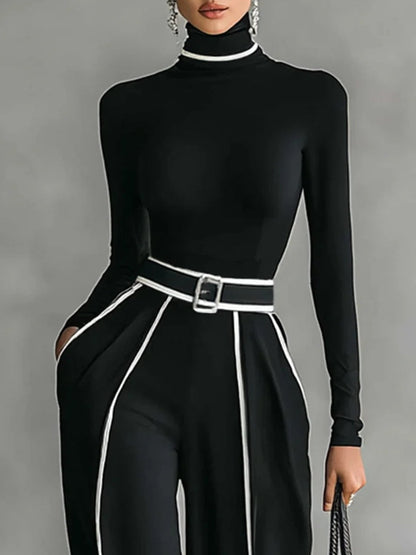 Elegant Contrast Piping Jumpsuit for Women with High Neck Long Sleeve Belted Wide Leg Formal Party Style