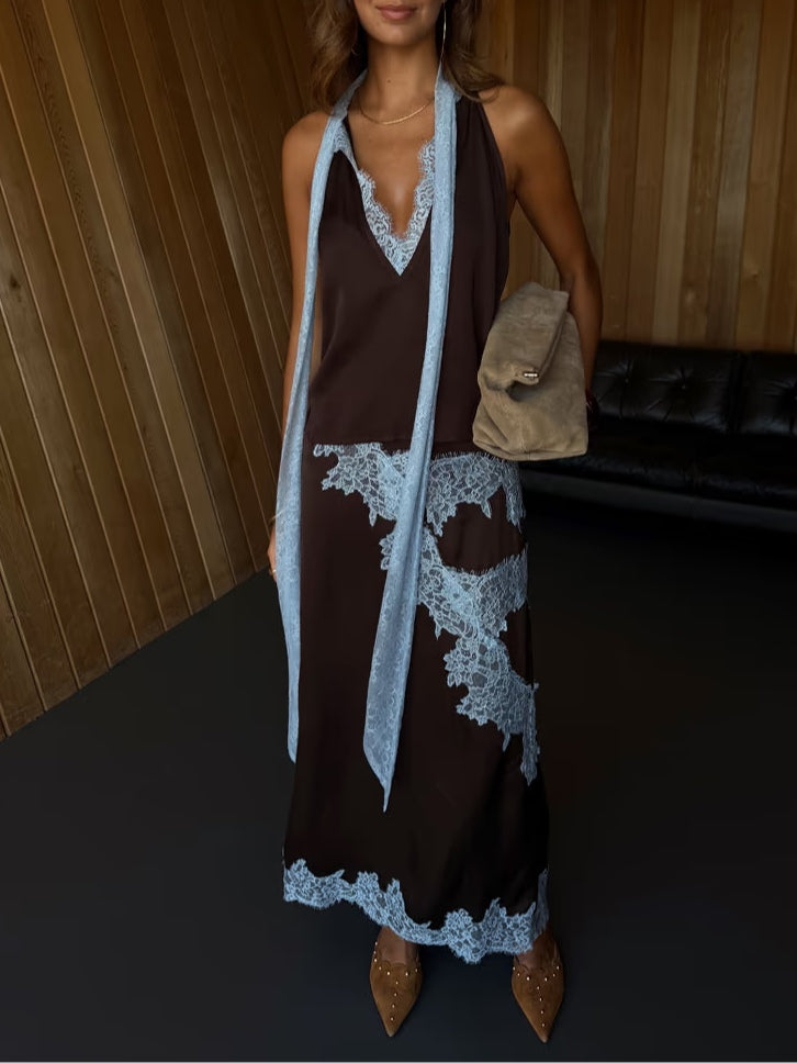 Elegant Brown Lace Trim Maxi Dress for Women with Halter Neck Sleeveless Satin Slit Wedding Guest Style