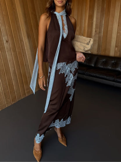 Elegant Brown Lace Maxi Dress for Women with Halter Neck Satin Draped Flowing Style