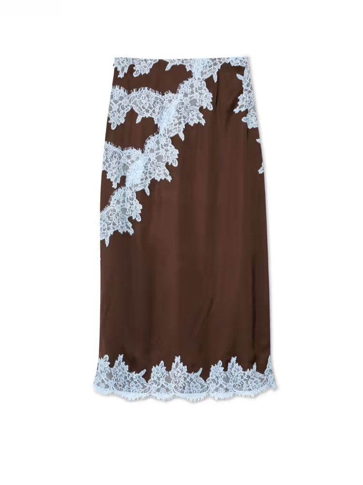 Elegant Brown Lace Maxi Dress for Women with Halter Neck Satin Draped Flowing Style
