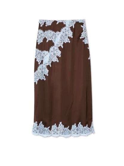 Elegant Brown Lace Maxi Dress for Women with Halter Neck Satin Draped Flowing Style