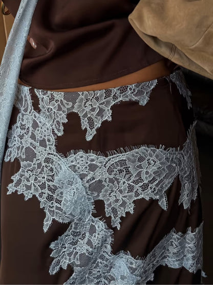 Elegant Brown Lace Trim Maxi Dress for Women with Halter Neck Sleeveless Satin Slit Wedding Guest Style