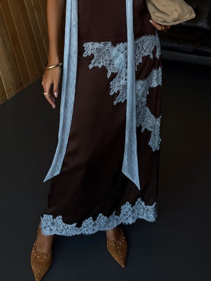 Elegant Brown Lace Trim Maxi Dress for Women with Halter Neck Sleeveless Satin Slit Wedding Guest Style