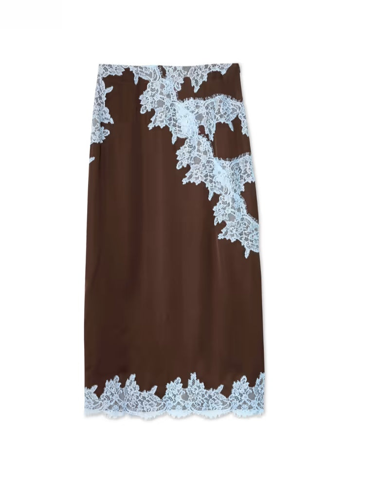 Elegant Brown Lace Maxi Dress for Women with Halter Neck Satin Draped Flowing Style
