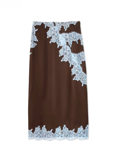 Elegant Brown Lace Maxi Dress for Women with Halter Neck Satin Draped Flowing Style