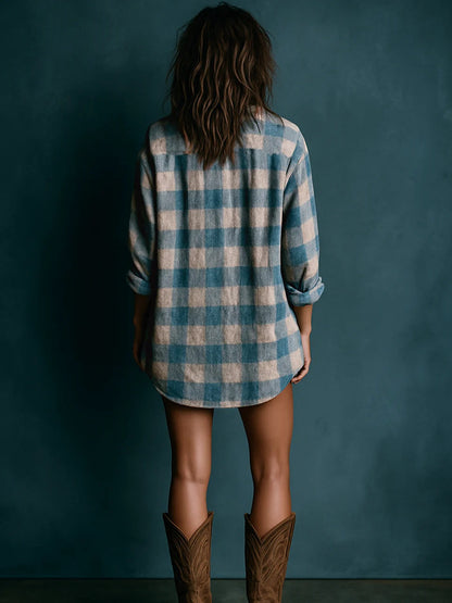 Effortless Blue White Plaid Flannel Shirt Dress for Women with Button Placket Long Sleeve Oversized Relaxed Style