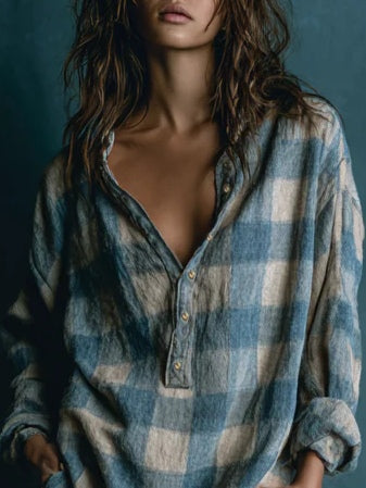 Effortless Blue White Plaid Flannel Shirt Dress for Women with Button Placket Long Sleeve Oversized Relaxed Style
