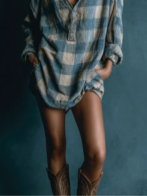 Effortless Blue White Plaid Flannel Shirt Dress for Women with Button Placket Long Sleeve Oversized Relaxed Style