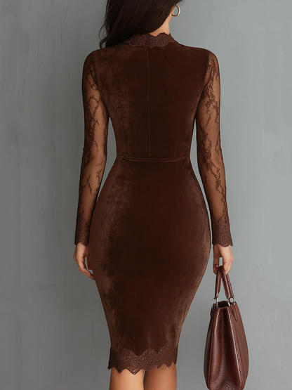 Elegant Brown Velvet Mini Dress for Women with High Neck Lace Long Sleeve Ruched Bodycon Cocktail Style
