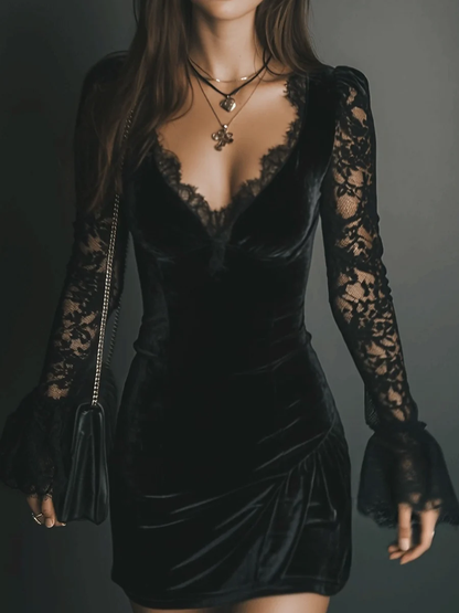 Elegant Black Velvet Cocktail Dress for Women with V Neck Lace Bell Sleeve Bodycon Formal Party Style