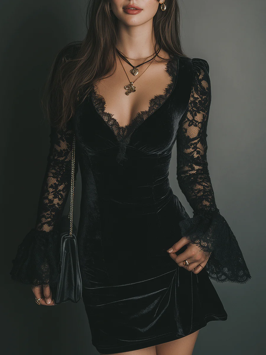 Elegant Black Velvet Cocktail Dress for Women with V Neck Lace Bell Sleeve Bodycon Formal Party Style