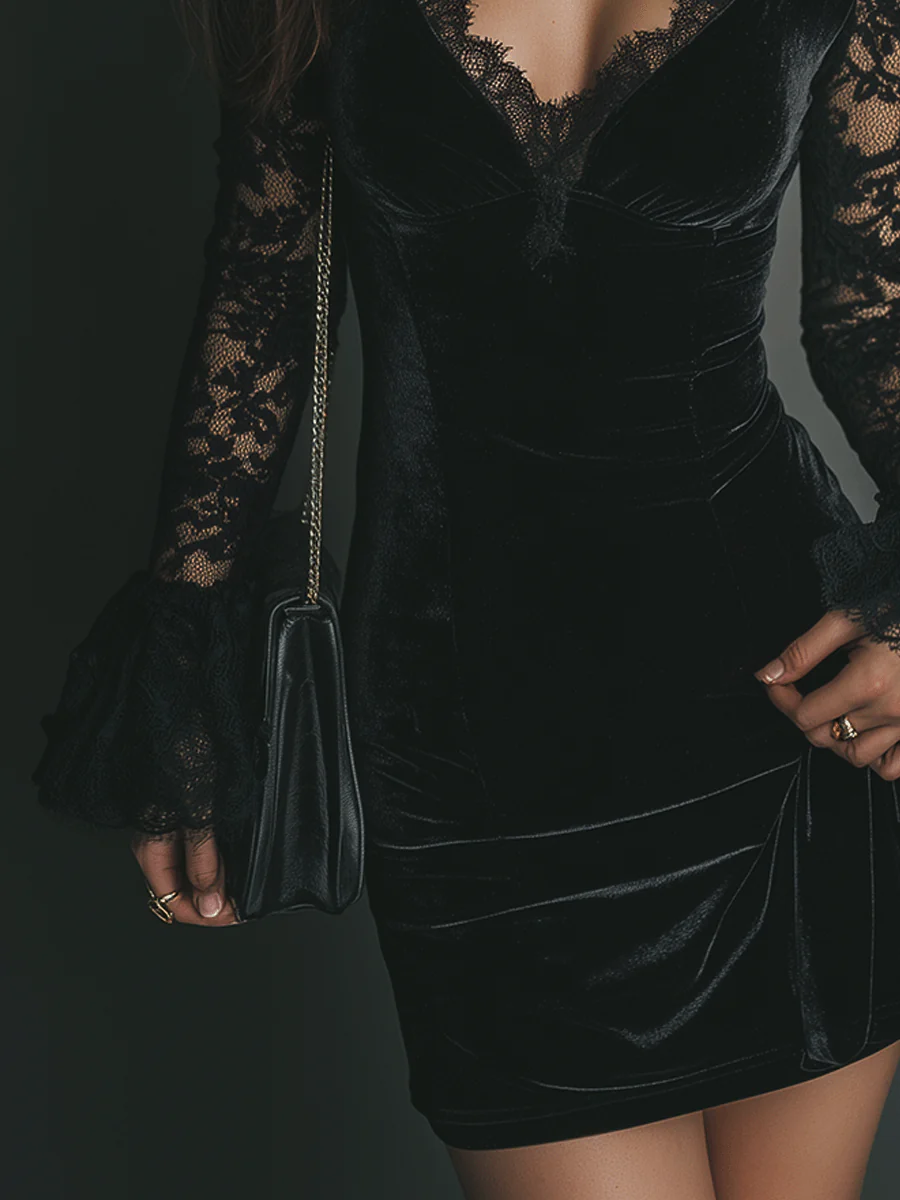 Elegant Black Velvet Cocktail Dress for Women with V Neck Lace Bell Sleeve Bodycon Formal Party Style