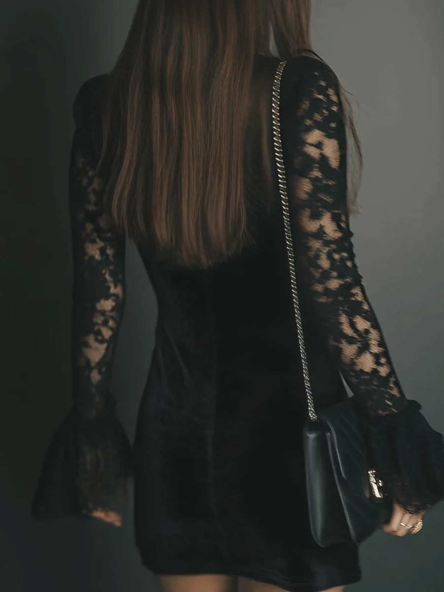 Elegant Black Velvet Cocktail Dress for Women with V Neck Lace Bell Sleeve Bodycon Formal Party Style