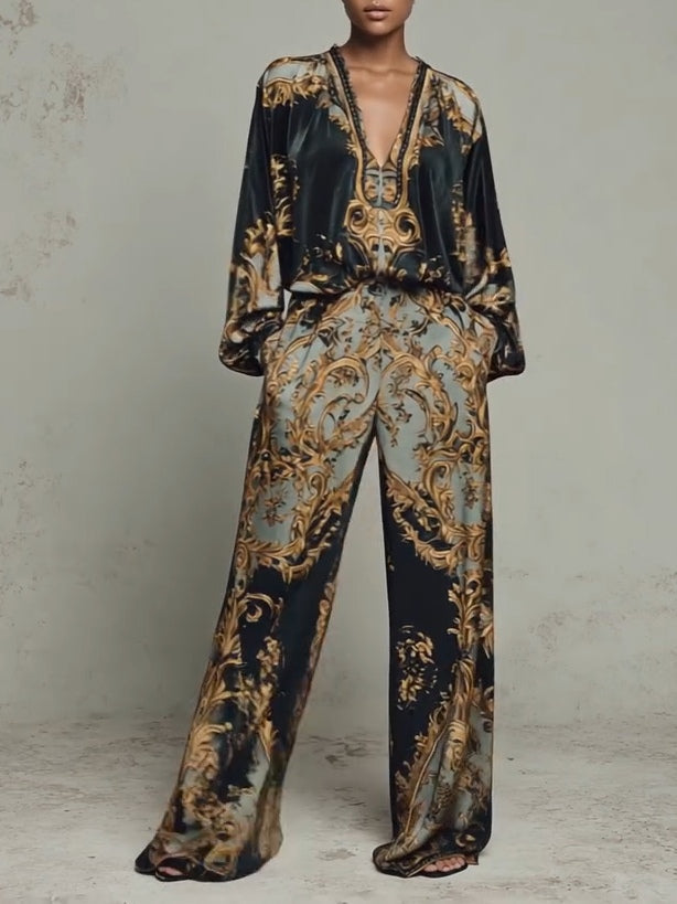 Elegant Black Baroque Print Wide Leg Set for Women with V Neck Balloon Sleeve Two Piece Style
