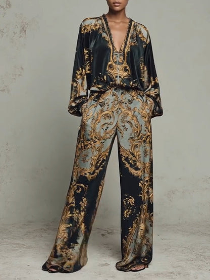 Elegant Black Baroque Print Wide Leg Set for Women with V Neck Balloon Sleeve Two Piece Style