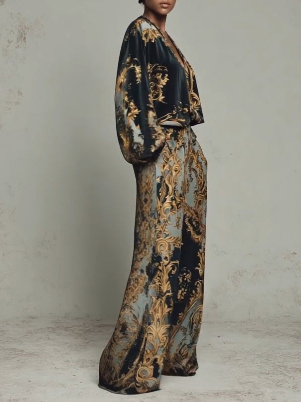 Elegant Black Baroque Print Wide Leg Set for Women with V Neck Balloon Sleeve Two Piece Style