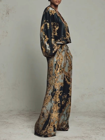 Elegant Black Baroque Print Wide Leg Set for Women with V Neck Balloon Sleeve Two Piece Style