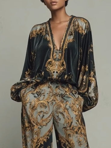 Elegant Black Baroque Print Wide Leg Set for Women with V Neck Balloon Sleeve Two Piece Style